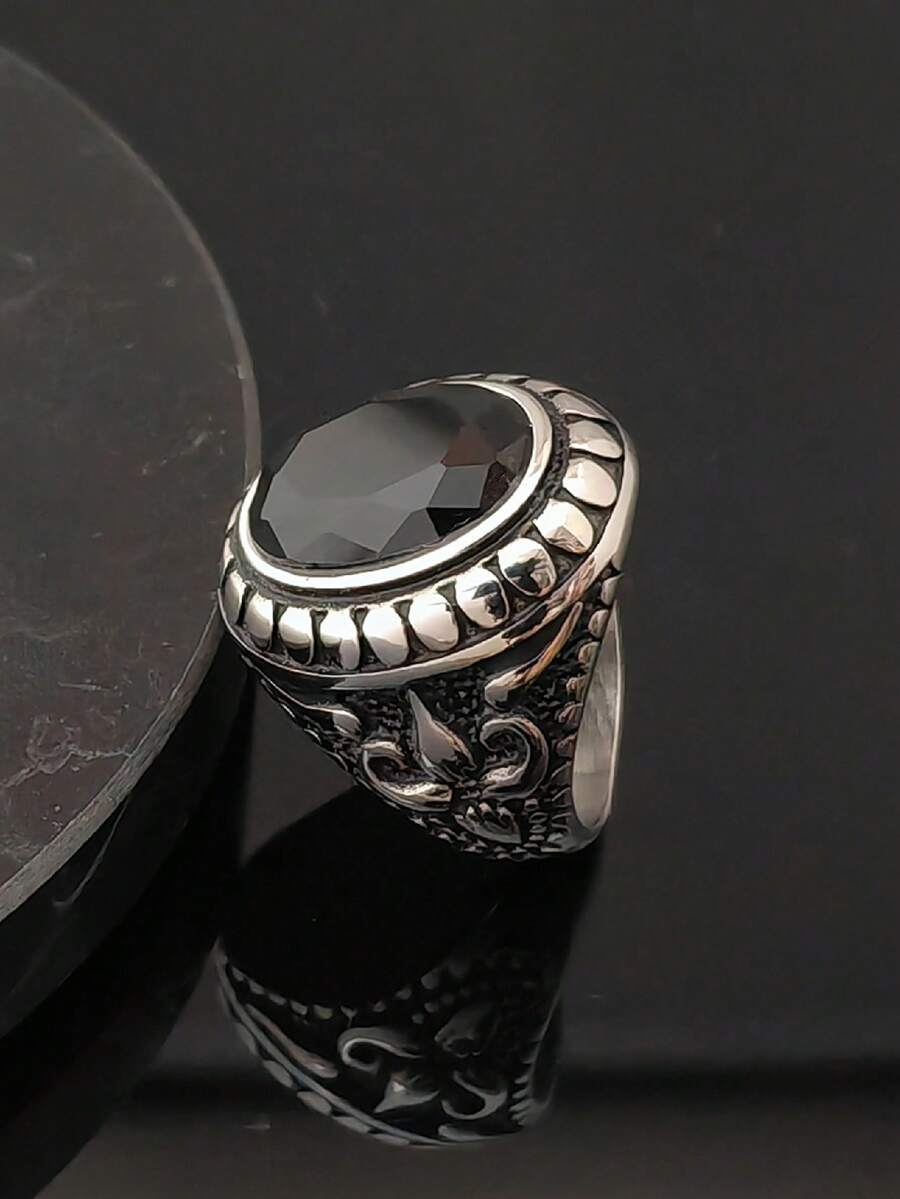 时尚钢色戒指，内嵌黑色宝石，订婚戒指，周年纪念珠宝，不锈钢戒指，男士黑色宝石戒指 - 黑色 - 查看 1