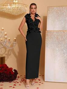 Nuevo vestido elegante con decoración floral 3D de escote en V profundo y sin mangas, adecuado para invitados de boda, damas de honor, fiestas festivas, vestido de noche formal