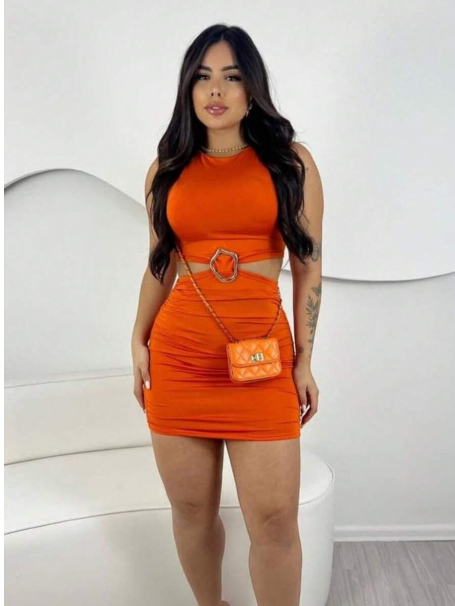 Women's Short Dress With Buckle Detail - Summer Launch - Orange - View 1