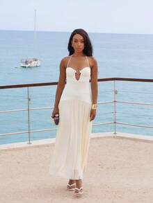 Yess Loren Sukienka damska z falbanką na dole i seksownym dekoltem halter, letnie sukienki dla kobiet - Kolor khaki - Zobacz 4