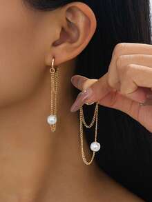 1 par de pendientes de cadena de perlas falsas de moda viral 2025