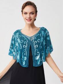 BABEYOND 1920s Shawl Wraps Sequin Beaded Evening Cape Bridal Shawl Bolero Flapper Cover Up (Lake Blue) - Màu xanh nhạt - Xem 1