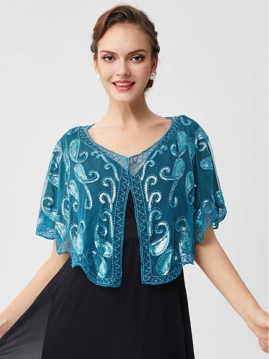 BABEYOND 1920s Shawl Wraps Sequin Beaded Evening Cape Bridal Shawl Bolero Flapper Cover Up (Lake Blue) - Màu xanh nhạt - Xem 1