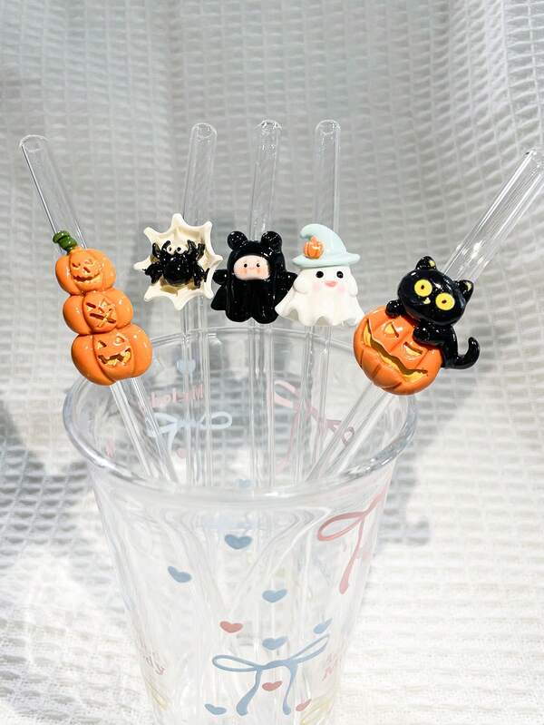 1 Stück/5 Stück/1 Set wiederverwendbare Glas-Trinkhalme in Halloween Cartoon-Formen, Trinkhalm-Hüllen mit süßen Geist-, Fledermaus-, Hexenhut- und Kürbis-Designs, transparent für Smoothies, Bubble Tea, Saft, Milch, Cocktails, Partys, Halloween, Zauberhut, gebogene Glas-Trinkhalme in verschiedenen Stilen