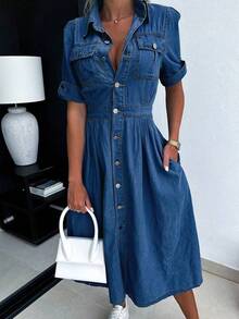 Women's Casual Long Denim Jacket,Vestidos Vaqueros,Long Dresses For Women,Vestidos De Verano Mujer,Suitable For All Seasons,Elegant Dresses For Women, Suitable For Daily Outings, Dates, Parties, Dances/Banquets,Easter Dresses For Women. - 深色水洗藍 - 查看 2