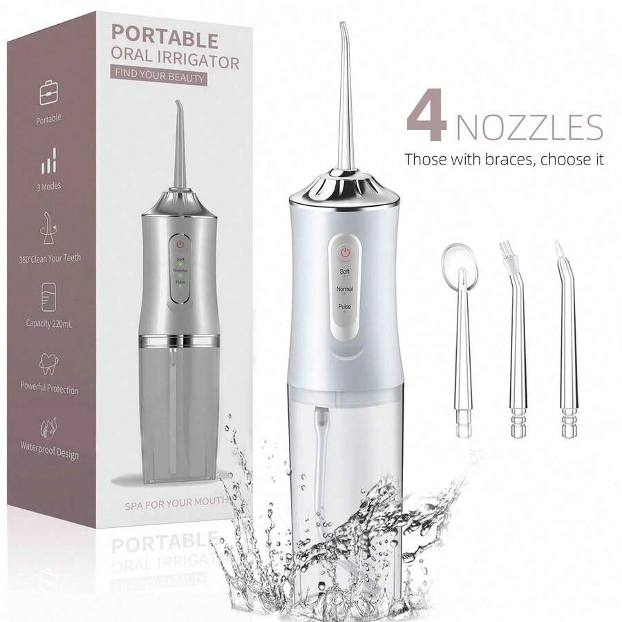 四合一口腔护理电动水牙线，粉色牙科冲洗器，USB 充电，3 种模式和 4 个喷嘴，220 毫升水容量，IPX7 防水，适合家庭、旅行和男女礼物携带 - 白色 - 查看 1