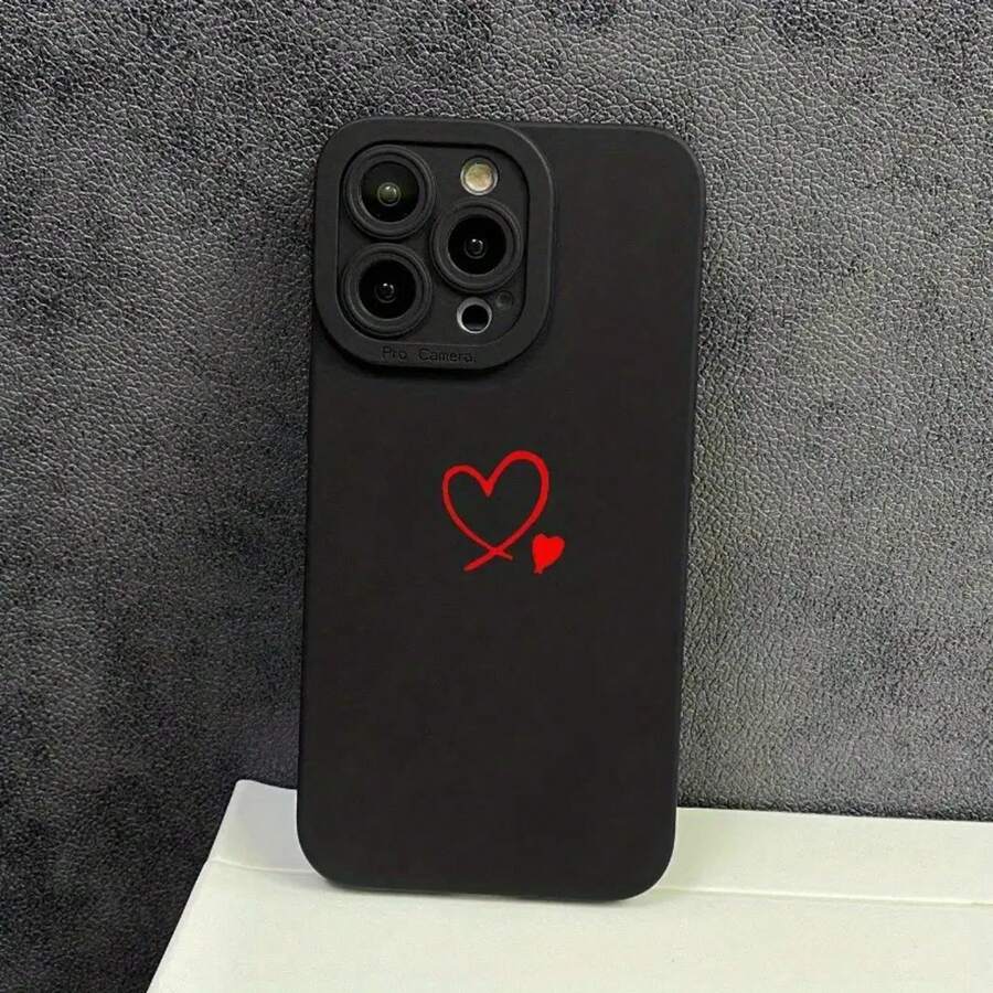 1pc Simple Red Heart Pattern Black Phone Case, Suitable For Apple 16 15 14 13 12 11 XS XR X 8 7 Mini Plus Pro Max SE Series Phone Case, Give It To Friends, Girlfriend, Boyfriend, Family Or Yourself Charm-Free Valentine's Day Phone Cases Case 17 Pro Max Case 16 Case - màu đen - Xem 1