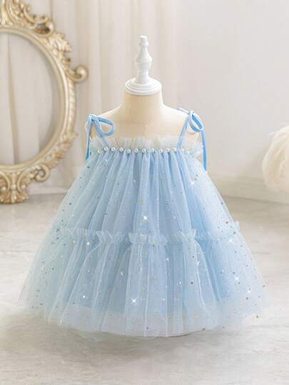 Baby Girl Sequin Strap Tulle Princess Dress, Suitable For Baby's 1st Birthday Gift, Party, Banquet, Festival Celebration
