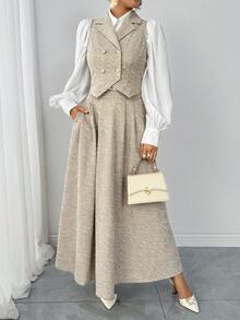 Women Elegance 2 Pieces Outfit, Long Sleeve Jacket And Skirt, Minimalist& Stylish - Khaki - View 1