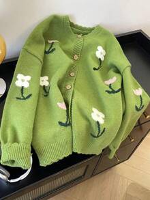 女士针织开衫，优雅花卉刺绣，日常穿着，秋冬