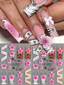 2/1pc 5D Retro Leopard Print Nail Stickers – Pink Hibiscus, Zebra & Leopard Patterns, French-Style Embossed Self-Adhesive Decals; Sexy & Glamorous Autumn/Winter Nail Art Decorations For DIY & Salons. - Multicolor - View 1