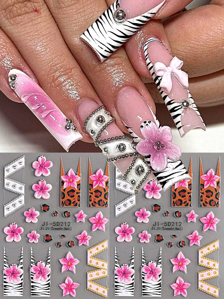 2/1pc 5D Retro Leopard Print Nail Stickers – Pink Hibiscus, Zebra & Leopard Patterns, French-Style Embossed Self-Adhesive Decals; Sexy & Glamorous Autumn/Winter Nail Art Decorations For DIY & Salons. - Multicolor - View 1