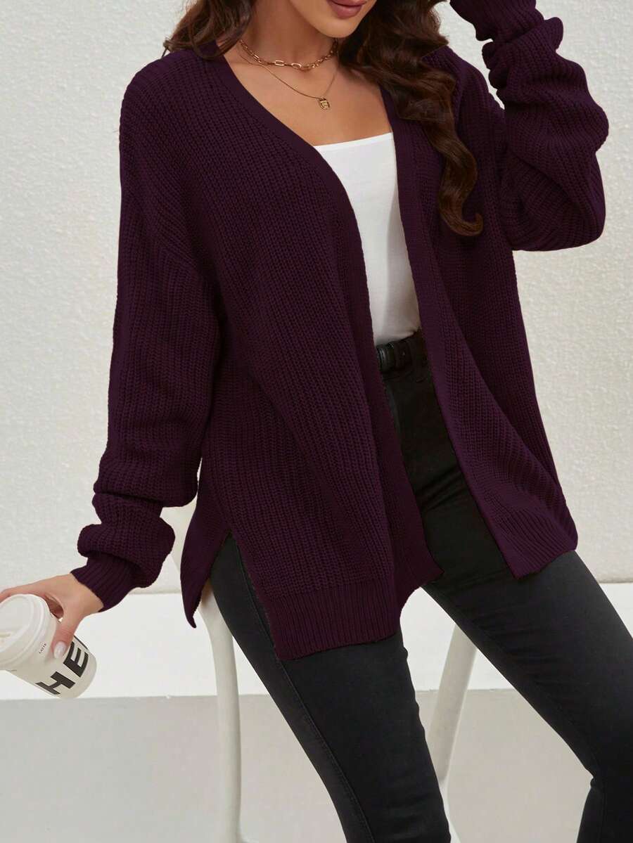 Cárdigan suelto con abertura lateral de unicolor casual, primavera/otoño - Morado - Ver 1
