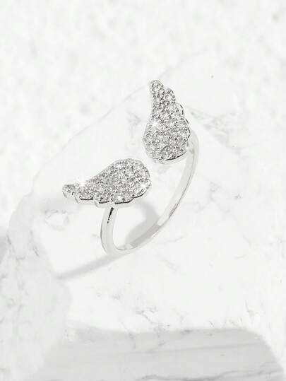 1pc Angel Wings Cubic Zirconia Inlaid Open Ring, Fashion Jewelry For Women