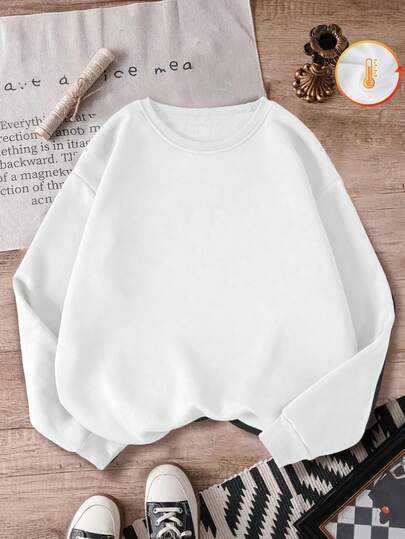 Weißes Mädchen-Sweatshirt aus Baumwolle mit überschnittenen Schultern, locker sitzendes Freizeit-Sweatshirt, Rundhals-Sweatshirt aus dickem Stoff, geeignet für Herbst und Winter, bequemes langärmliges Kinder-Sweatshirt, verstärktes Futter.