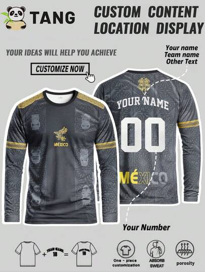 Customized Mexico Style Men's Soccer Long Sleeve Jersey & Personalized Name & Number & Crew Neck Long Sleeve Comfortable Sports Sweatshirt, Suitable For Soccer Training, Casual Wear, Gift