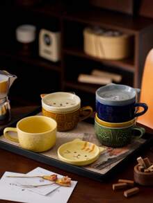 Cartoon Shiba Inu & Cat Ceramic Mug Set, 1 Set (350ML), Cute Embossed Household Coffee/Breakfast Milk Cup With Lid, Microwave Friendly, Creative Snack Plate, Birthday Gift Back To School