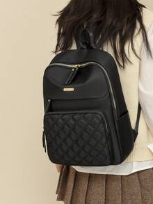 Women's Nylon Solid Color Quilted Large Capacity Versatile Backpack, Minimalist Casual Student Backpack, Commuter Bag - Black - View 5