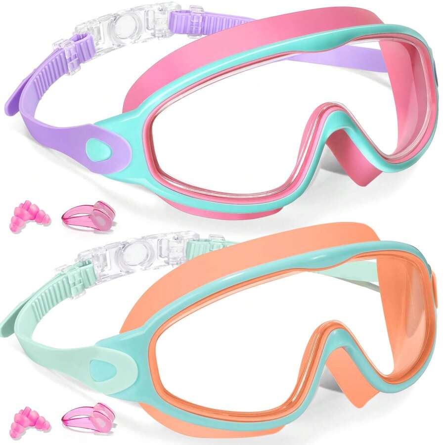 2 Pack Kids Swim Goggles For Kids 3-15 180° Wide View UV Protection Anti-Fog Pool Water Swimming Goggles For Boys Girls Youth Toddler - 粉紅色和橘色 - 查看 1
