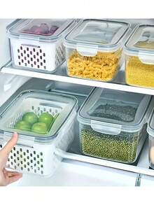 Set de recipiente pentru depozitarea alimentelor cu capace - Cutii transparente, lavabile pentru legume, fructe și legume uscate - Include tavă de scurgere, perfecte pentru organizarea frigiderului - Multicolor - Vizualizare 11