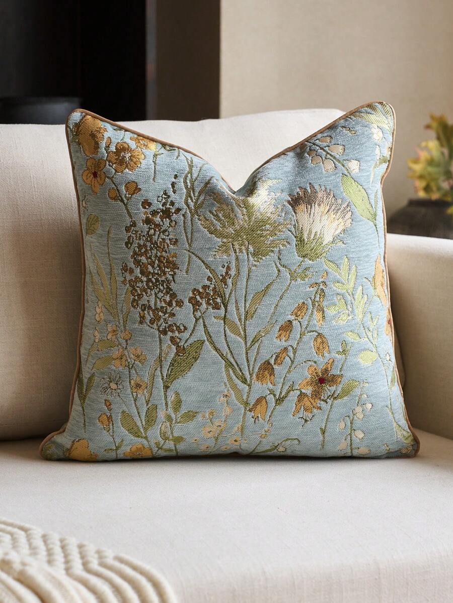 1 pieza Funda de cojín de chenilla jacquard con estampado floral (sin relleno), Funda de cojín clásica de chenilla jacquard con ribete, Adecuada para decoración del hogar, sofá, cama, todo el año - lago verde - Ver 1