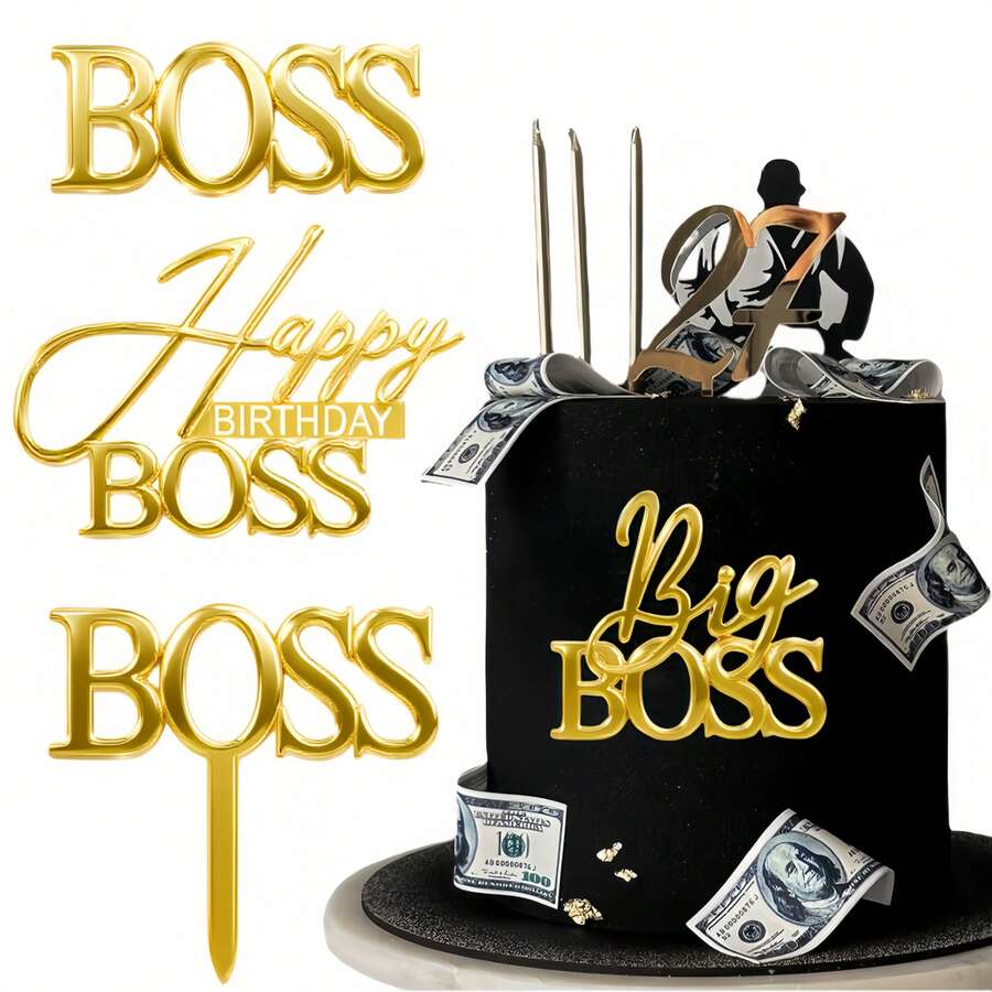 1pc/3pcs/6pcs Golden Acrylic Happy Birthday Big BOSS Cake Topper,For Birthday Party DIY Cake Dessert Decoration Supplies