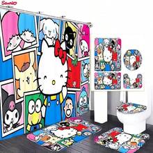 Sanrio 3-Piece Hello Kitty Bathroom Set, Includes Waterproof Shower Curtain, Toilet Lid Cover, Bath Mat, U-Shaped Mat, Comes With 12 Hooks, Available In Pink, Blue, And Full Family Characters, Suitable For Home And Bathroom Decor Christmas Decor
