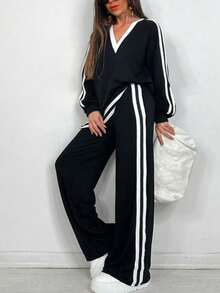 大码女式休闲 V 领长袖 T 恤 + 侧条纹口袋阔腿裤套装，春秋季