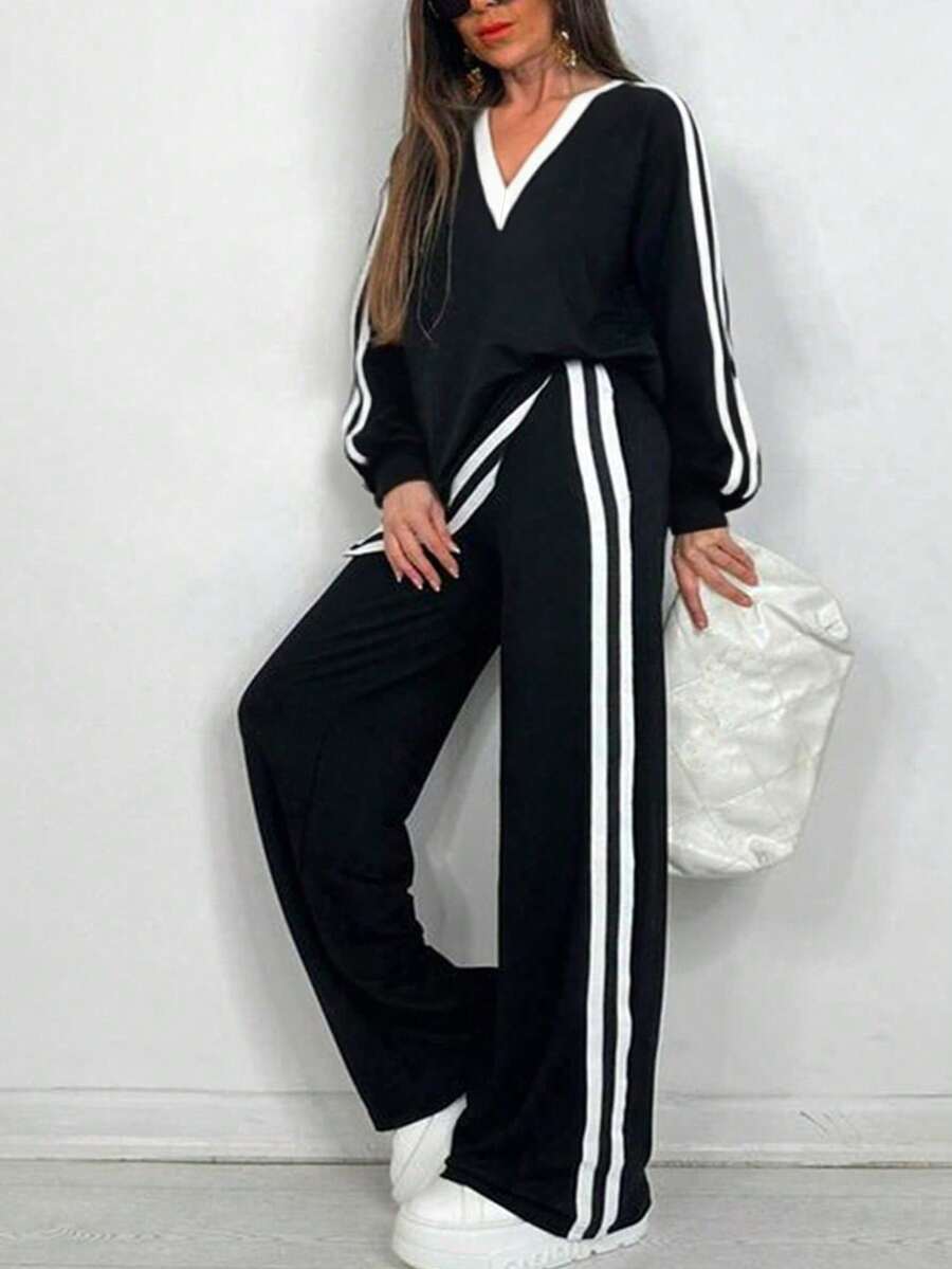 大码女式休闲 V 领长袖 T 恤 + 侧条纹口袋阔腿裤套装，春秋季