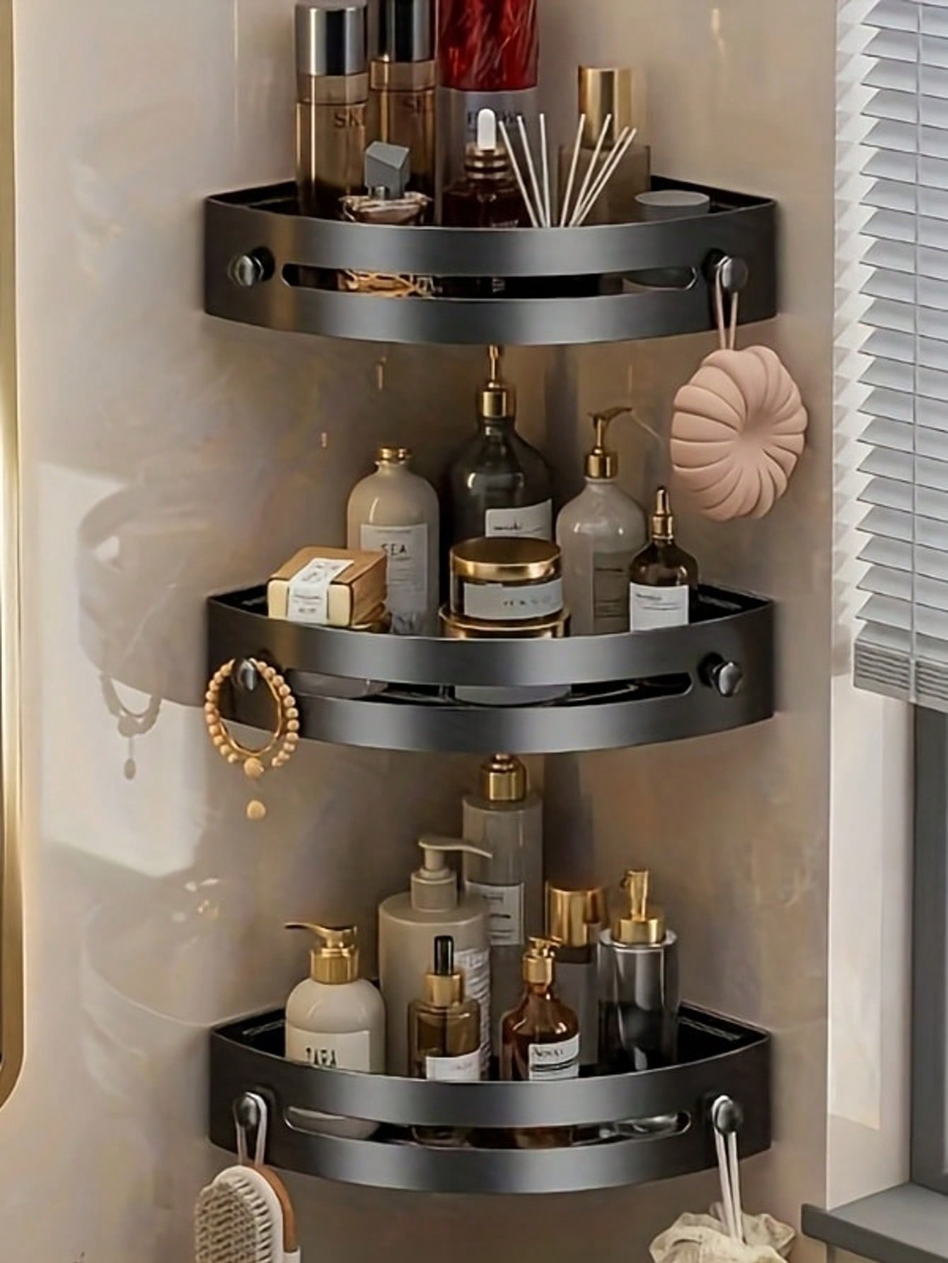 3 قطع رف حمام للركن، رفوف حمام لاصقة مع خطافات، تح...