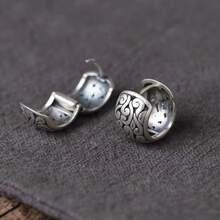 一对复古简约镂空圆形低过敏耳环，适合男士日常休闲佩戴，珠宝礼品 - 銀色 - 查看 3