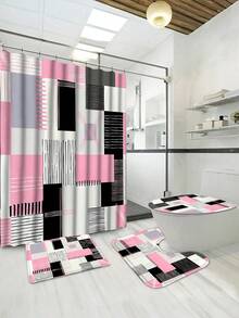 1/4pcs Pink Square Pattern Shower Curtain Set, 70.87x70.87inch Shower Curtain With Floor Mat, U-Shaped Mat, Toilet Seat Mat, With 12 Hooks Bathroom Decor