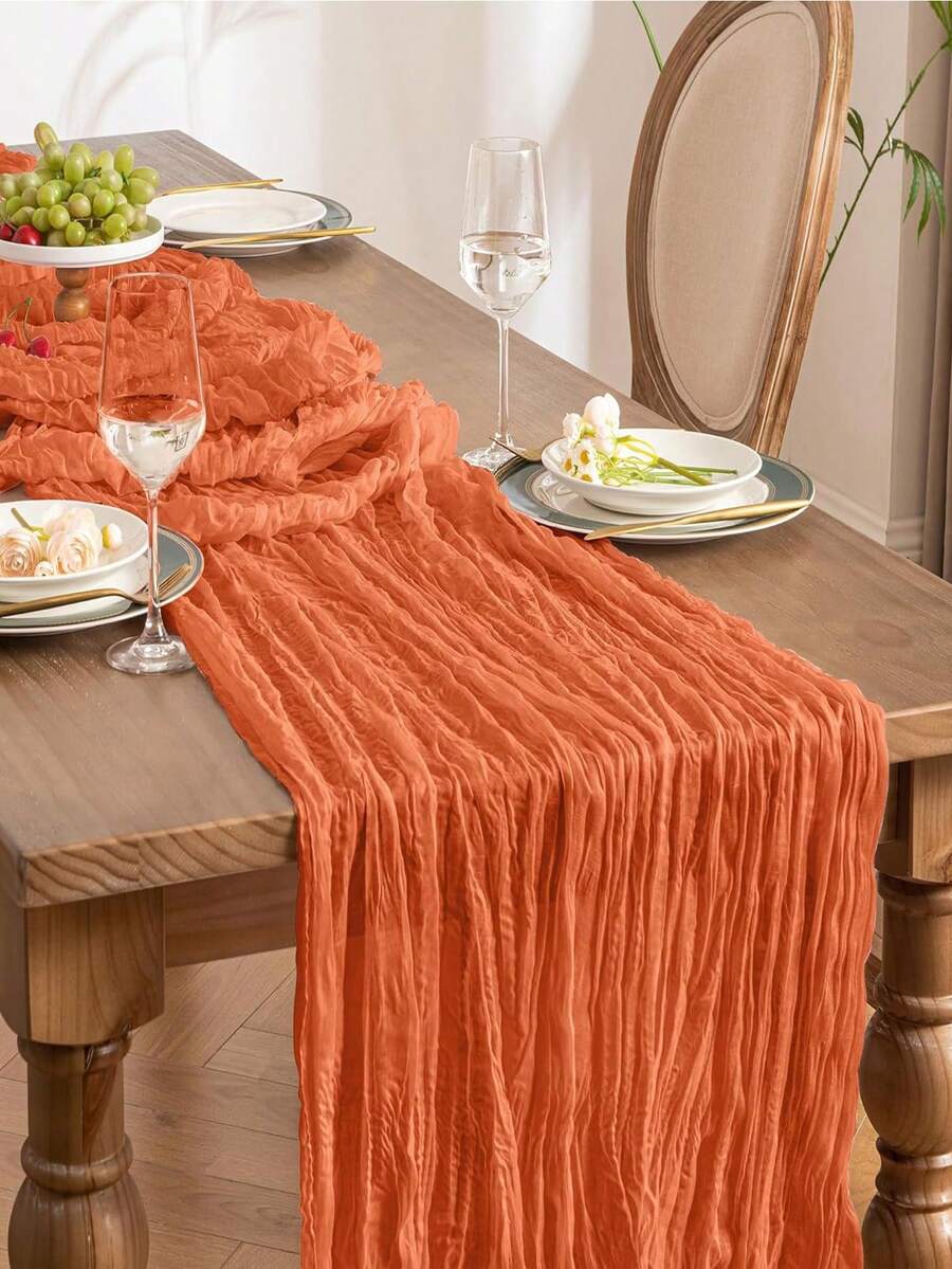 1pc Pleated Cheesecloth Table Runner, Suitable For Wedding, Bridal, Birthday Party Long And Round Dining Table Centerpiece Decor - Orange - View 1