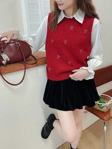 Wixra Rompi Sweater Merah Lucu dengan Hiasan Pita Berlian Imitasi Terbaru untuk Wanita, Cardigan Rajut Longgar, Gaya Romantis untuk Kencan Natal - Merah - View 2