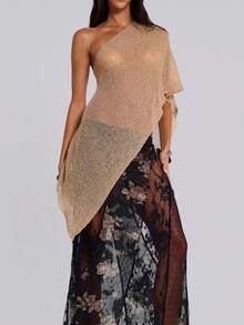 Women Y2k Sheer Knit Cover Ups Poncho Asymmetric Tops Lightweight See Through Off Shoulder Shrug Bolero Cover Up Tops  Pullover Tops Sweaters Beach Vacation Tops - 卡其色 - 查看 4