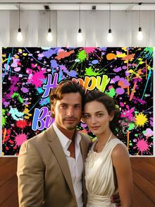 1 Peça Painel de Fotografia de Aniversário Feliz com Respingos de Tinta Colorida, Brilho Neon no Escuro, Banner de Festa 59.1*39.4/82.7*59.1/106.3*70.9 Polegadas, Decoração para Chá de Bebê, Festa de Dança, Uso Interno e Externo