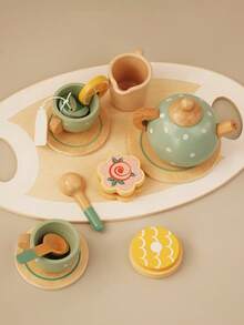 儿童木制茶具套装，公主茶会玩具厨房配件，包含逼真的食物，儿童过家家茶具玩具，增强想象力和社交能力 - 彩色 - 查看 8