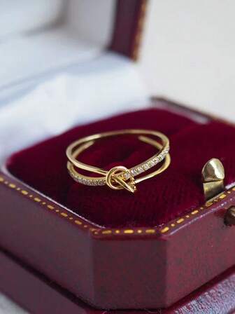 1 pieza Anillo de plata de ley S925 con doble capa de nudo de cuerda y circonita, elegante y delicado, joya para mujer, regalo de cumpleaños, regalo de fiesta