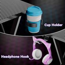 Fashion L-Shaped Gaming Desk With Movable Monitor/Laptop Stand, Modern Game Table, Black Esports Desk, Home Office Desk, Metal Frame Computer Table With Carbon Fiber Desktop, Versatile L Shaped Corner Desk With Light Strip + Headphone Hook + Cup Holder, Area Of Desk Surface: 10.59 Ft² + 1.04 Ft² - & CF Desktop + Light Strip + Cup Holder + Headphone Hook - View 9