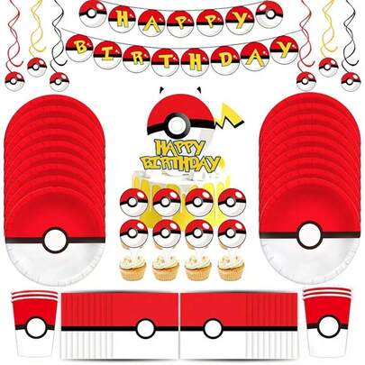 pokemon Official Pokemon Pikachu & Pokeball Theme Party Decorations, Including Banner, Balloons, Plates, Cups, Napkins, Candy Boxes, Cake Toppers, Etc. Perfect For Birthday, Graduation, Outdoor Garden Party, Disposable Tableware Set. This Pokemon-Themed Party Set Is An Ideal Holiday Gift.