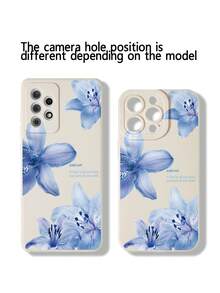 1pc Perforated Straight Edge Pink & Blue Floral Painted Thick Anti-Drop Phone Case Cover