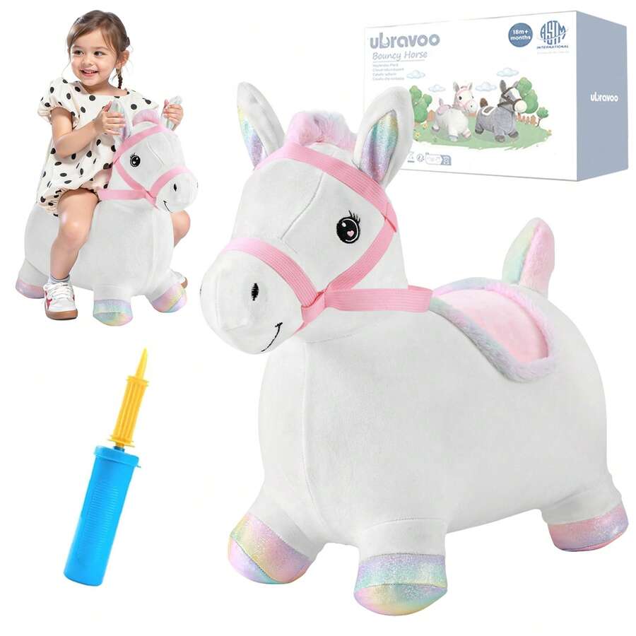UBRAVOO Bouncy Pals Hopping Horse, Toddler Inflatable Bouncing Plush Animal Hopper Toy, Plush Ride On Bouncer For Over 18 Months Old Boys Girls - White - View 1