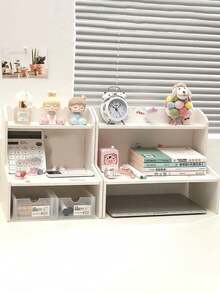 1 Peça Prateleira Dupla de Mesa Suporte de Exibição Multifuncional, Rack de Armazenamento de Cosméticos, Escritório, Dormitório, Caixa de Armazenamento de Papelaria Multifuncional, Cômoda, Adequado para Armazenamento de Quarto e Banheiro, Estilo Feminino, Branco Leitoso. Dia de Natal