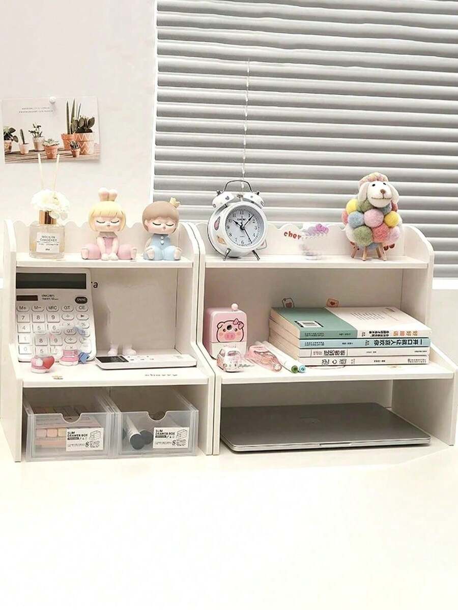 1 Peça Prateleira Dupla de Mesa Suporte de Exibição Multifuncional, Rack de Armazenamento de Cosméticos, Escritório, Dormitório, Caixa de Armazenamento de Papelaria Multifuncional, Cômoda, Adequado para Armazenamento de Quarto e Banheiro, Estilo Feminino, Branco Leitoso. Dia de Natal