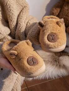 Nowe kapcie dla pary z motywem kapibary, ciepłe i antypoślizgowe pluszowe kapcie domowe z grubą, miękką podeszwą, odpowiednie do domu, sypialni, zabawne kapcie męskie, codzienne, modne, z kreskówkowym wzorem, dziewczęce kapcie damskie, khaki kapibara