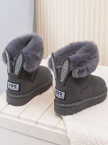 1 Pair Fashion Winter Boots, Rabbit Rhinestone Decoration On Heel, Excellent Warmth, Novel And Versatile Style, Great Choice For Little Girls, Recommended To Buy One Size Up. - Grey - View 1
