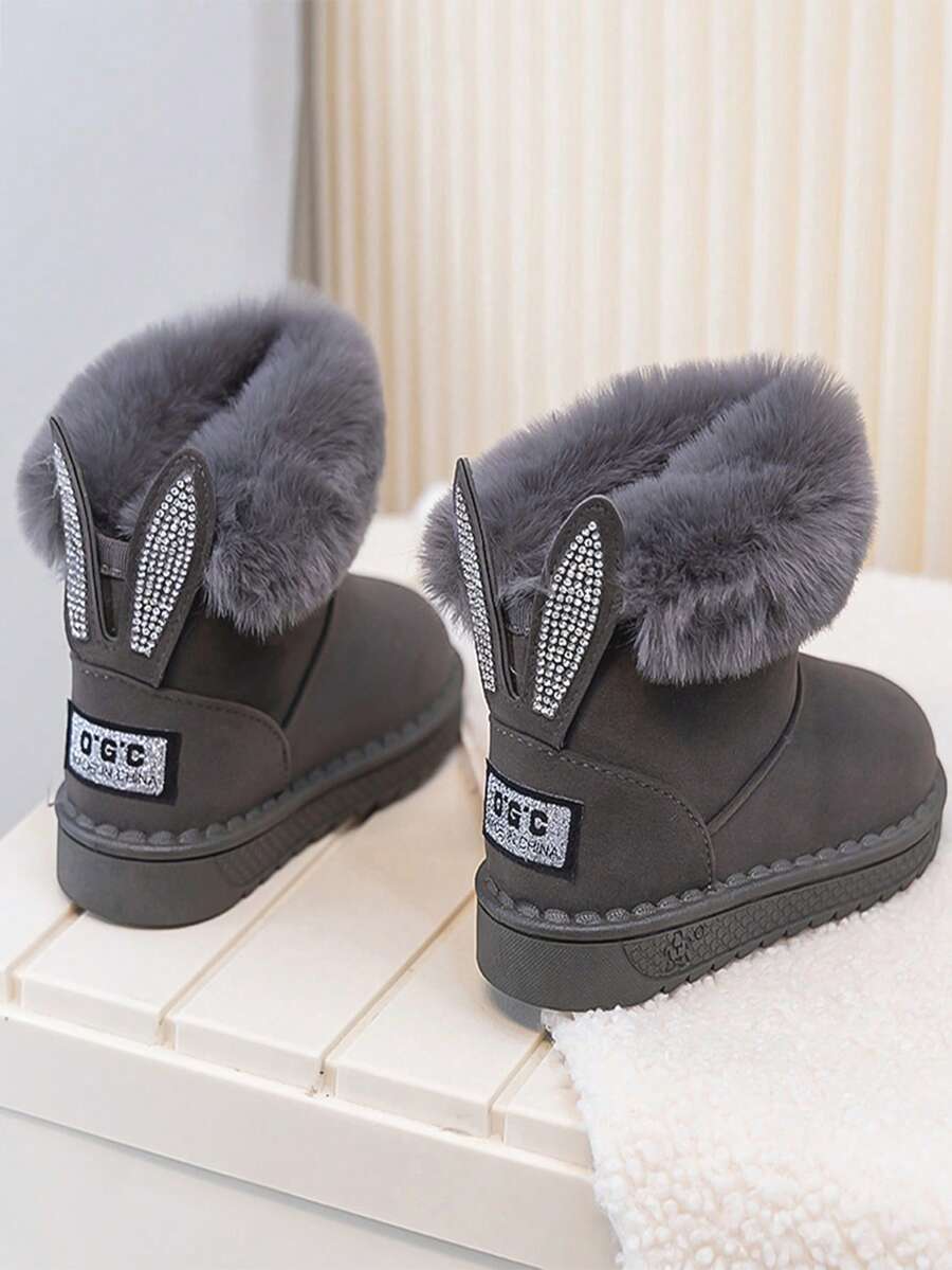 1 Pair Fashion Winter Boots, Rabbit Rhinestone Decoration On Heel, Excellent Warmth, Novel And Versatile Style, Great Choice For Little Girls, Recommended To Buy One Size Up. - Grey - View 1