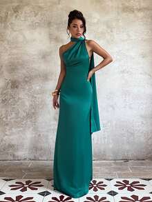 1pc Elegant Solid Color Backless Knit Fabric Dress, Suitable For Party, Wedding, Birthday, Back To School, Summer