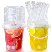 34 Ounce Large Reusable Plastic Cups With LIDS And Straws Drink Cups Suitable For Iced Beverages, Fruits, And Ice Buckets - Ideal For Parties, Festivals, And Daily Use (5/10 Sets) - trong suốt - Xem 2