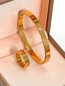 2 件/套 18K 镀金 316L 不锈钢四叶草手链和戒指首饰套装，适合女性日常佩戴，经典欧美花卉设计，镶嵌方晶锆石，大方奢华的休闲金饰，婚礼首饰套装，送给女孩、女士、母亲、亲戚、朋友的礼物，美丽的婚礼、生日、母亲节、女朋友、情人节 - 金色 - 查看 1